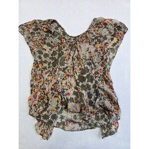 Anthropologie Postella 100% Silk Floral Blouse M Batwing Gray Yellow